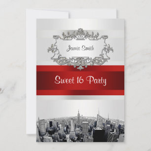 Invitation Gravé NYC Skyline 2 Blanc, Ruban Rouge Sweet 16