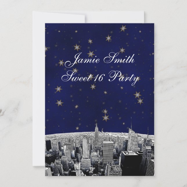 Invitation Gravé NYC Skyline 2 Bleu Or Étoile Douce 16 V (Devant)