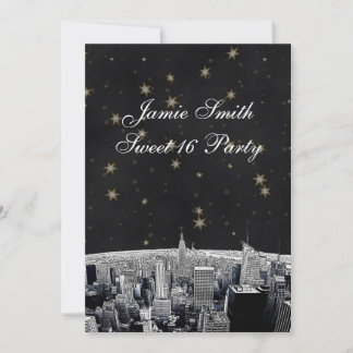 Invitation Gravé NYC Skyline 2 Noir Or Étoile Douce 16 V