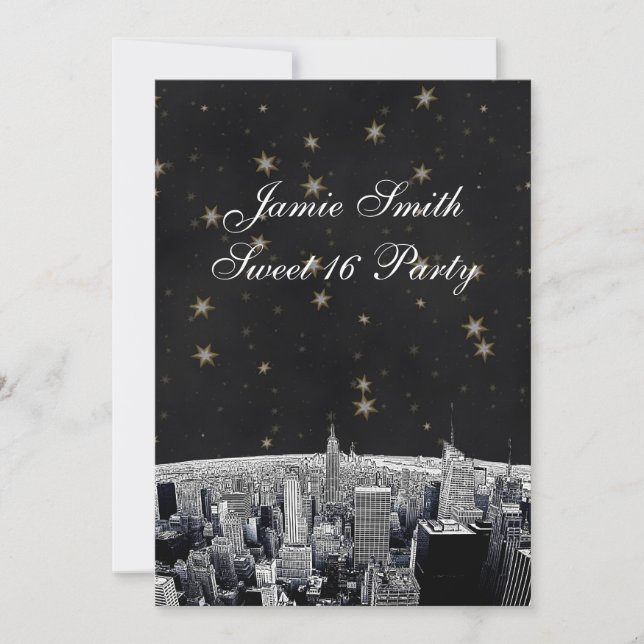 Invitation Gravé NYC Skyline 2 Noir Or Étoile Douce 16 V (Devant)