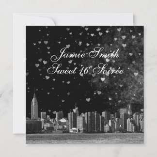 Invitation Gravé NYC Skyline Fond Noir Cœur Blanc Sweet 16 SQ
