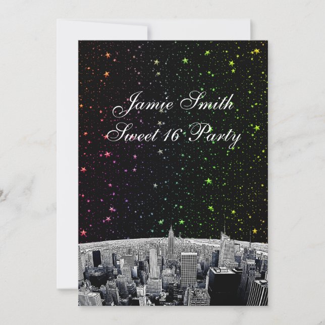 Invitation Gravé V Sweet 16 de la skyline de NYC 2 Rainbow St (Devant)