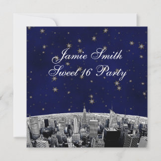 Invitation Gravure de la skyline de NYC 2 Bleu Or Star Sweet 