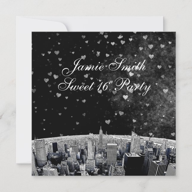 Invitation Gravure de la skyline de NYC #2 Cœur noir blanc Sw (Devant)