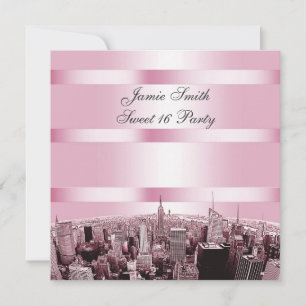 Invitation Gravure de la skyline de NYC 2 Noir Rose Sweet 16