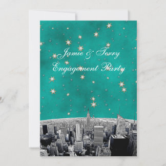 Invitation Gravure de la skyline de NYC 2 Teal Gold Star V En