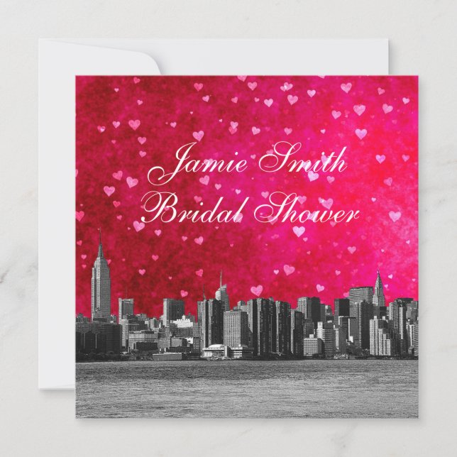 Invitation Gravure de la skyline de NYC Rose Chaud Rouge Mari (Devant)
