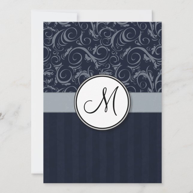 Invitation Gray and Navy Floral Wisps & Stripes avec Monogram (Devant)