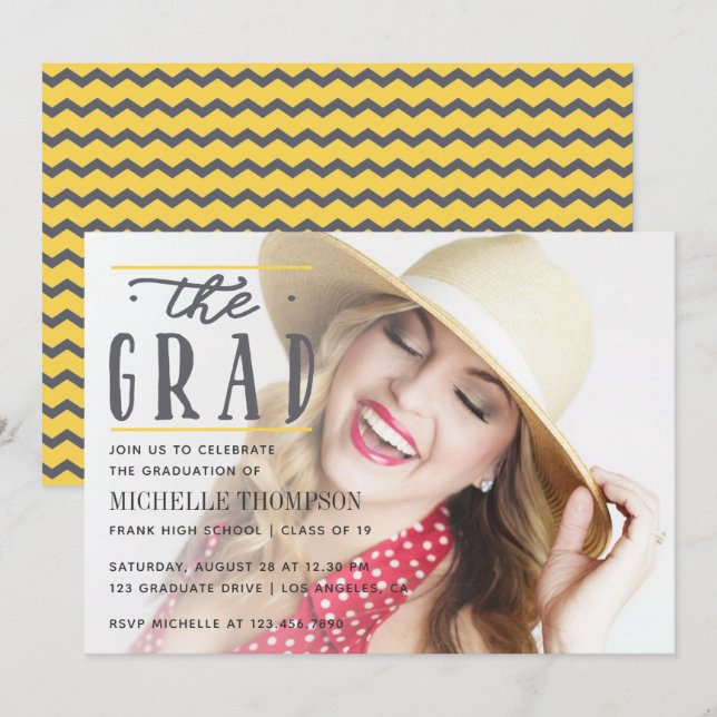 Invitation Gray and Yellow Chevron Graduate Party (Devant / Derrière)
