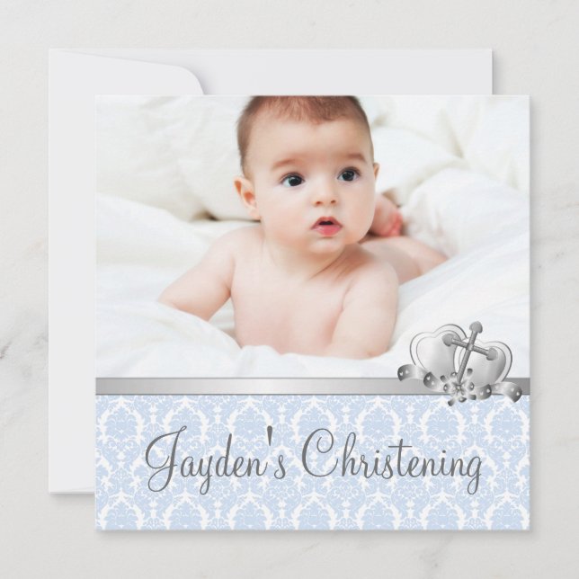 Invitation Gray Blue Damask Boys Photo Christening (Devant)