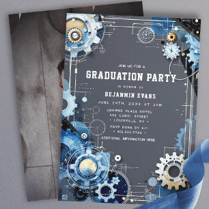 Invitation Gray Blue Gears Engineering Graduation Photo
