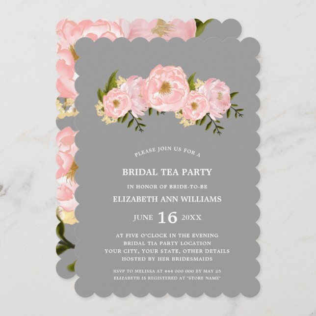 Invitation Gray | Blush Pink Peonies fête de thé nuptiale (Devant / Derrière)