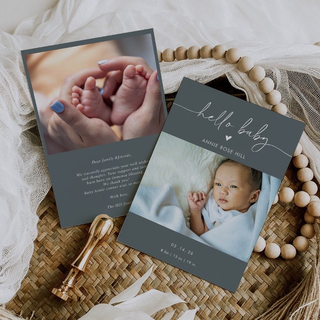 Invitation Gray Boho Photo Hello Baby Announcement Card (Créateur téléchargé)