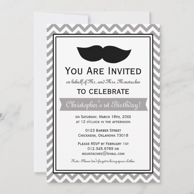 Invitation Gray Boy Mustache Chevron (Devant)