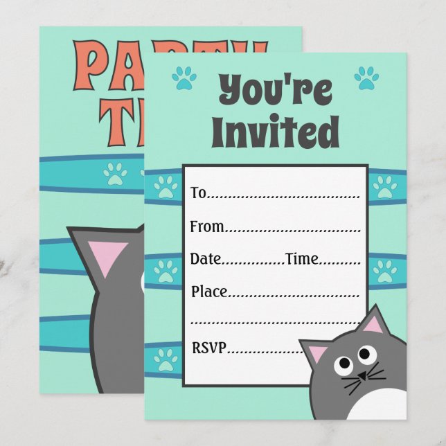 Invitation Gray Chat fête d'anniversaire (Devant / Derrière)