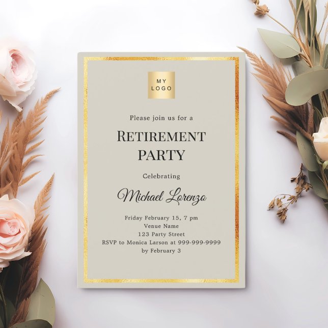Invitation Gray gold retirement party business logo (Créateur téléchargé)