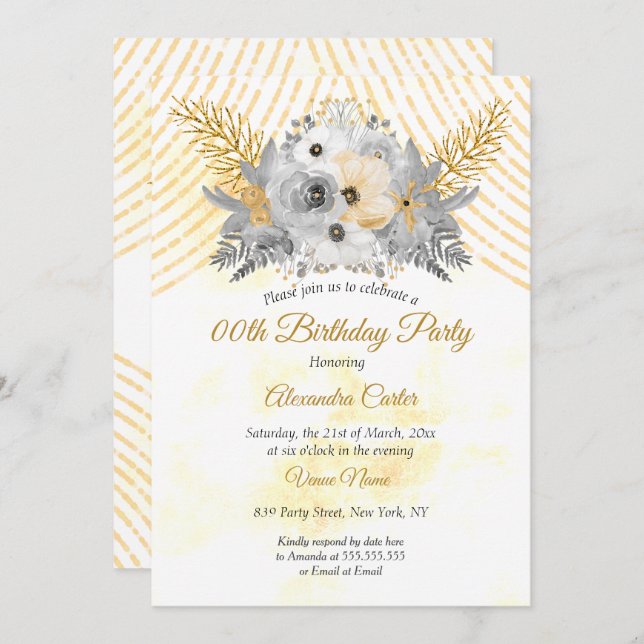 Invitation Gray Gold Sepia Floral Bouquet Anniversaire (Devant / Derrière)