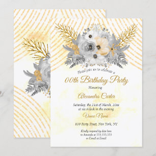 Invitation Gray Gold Sepia Floral Bouquet Anniversaire