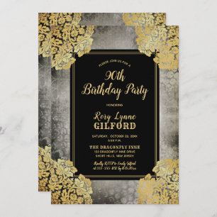 Invitation Gray   Gold Victorian Lace 90th Birthday Party