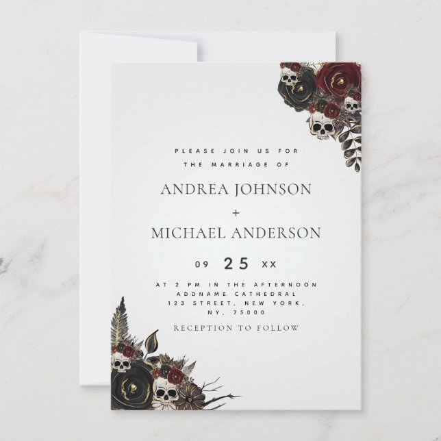 Invitation Gray Gothique Floral Crâne Élégant Mariage Hallowe (Devant)