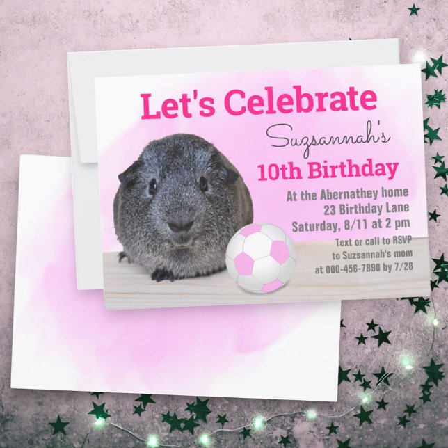 Invitation Gray Guinée Pig Girly Pink Football Ball Custom (Front & back cute guinea pig soccer ball invitation)