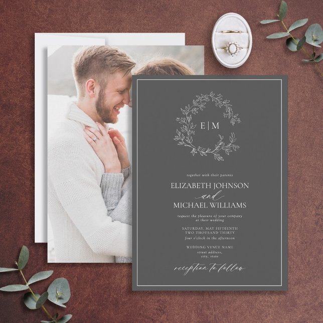 Invitation Gray Leafy Crest Monogram Photo Wedding (Créateur téléchargé)