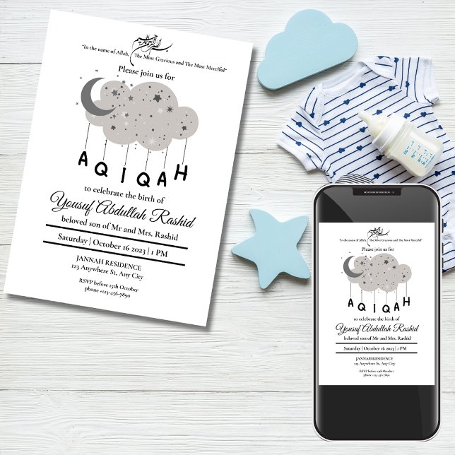Invitation Gray Moon Cloud Star Baby Boy Muslim Aqiqah Aqeeqa (Gray Moon Cloud Star Baby Boy Muslim Aqiqah Aqeeqa Invitation)