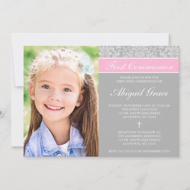 Invitation Gray rose Damask Girl Photo Première communion (Devant)