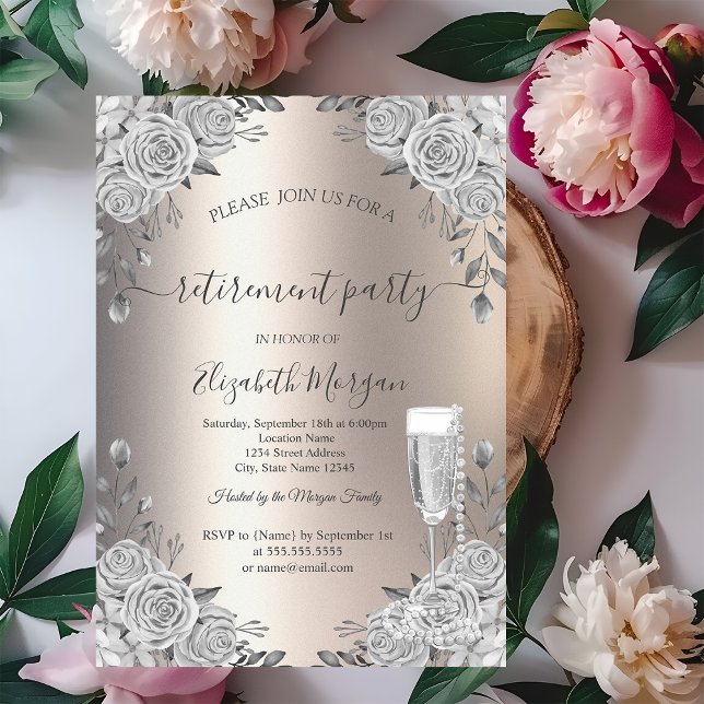 Invitation Gray Roses Prosecco Perles Ivoire Retraite  (Créateur téléchargé)
