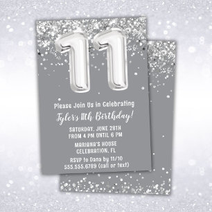 Invitation Gray Silver 11e fête d'anniversaire