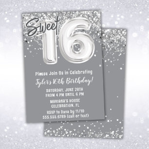 Invitation Gray Silver Sweet 16e fête d'anniversaire