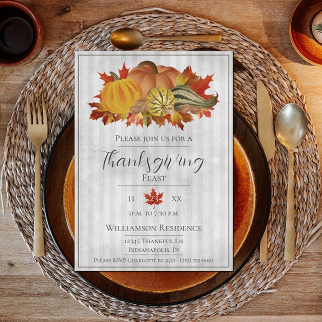 Invitation Gray Thanksgiving Citrouilles et dîner Squash (Thanksgiving Pumpkins and Squash Dinner Party Invite - Gray)