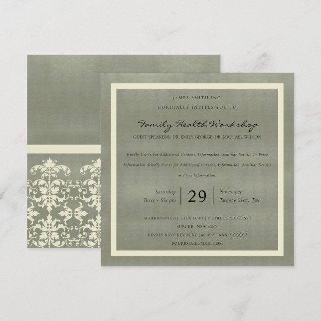 INVITATION GRAY VELVET WHITE DAMASK CLASSIQUE ATELIER ÉVÉNEME (Devant / Derrière)