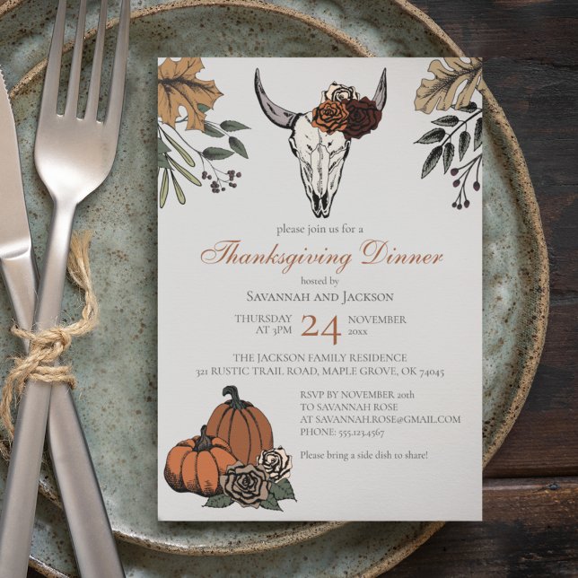 Invitation Gray Western Thanksgiving Cow Skull Fall Harvest (Western Thanksgiving Dinner Invite. Hand-Drawn Cow Skull, Pumpkins, Roses, Autumn Leaves & Berries.)