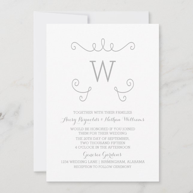 Invitation Gray Whimsical Flourish Monogramme Mariage Inviter (Devant)