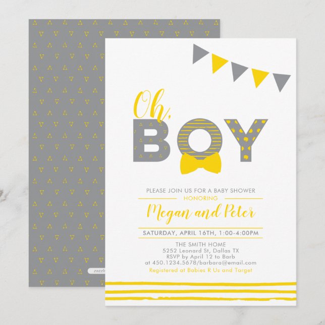 Invitation Gray & Yellow | Typographie Moderne Garçon Baby Sh (Devant / Derrière)