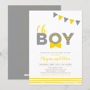 Invitation Gray & Yellow Typographie Moderne Garçon Baby Sh