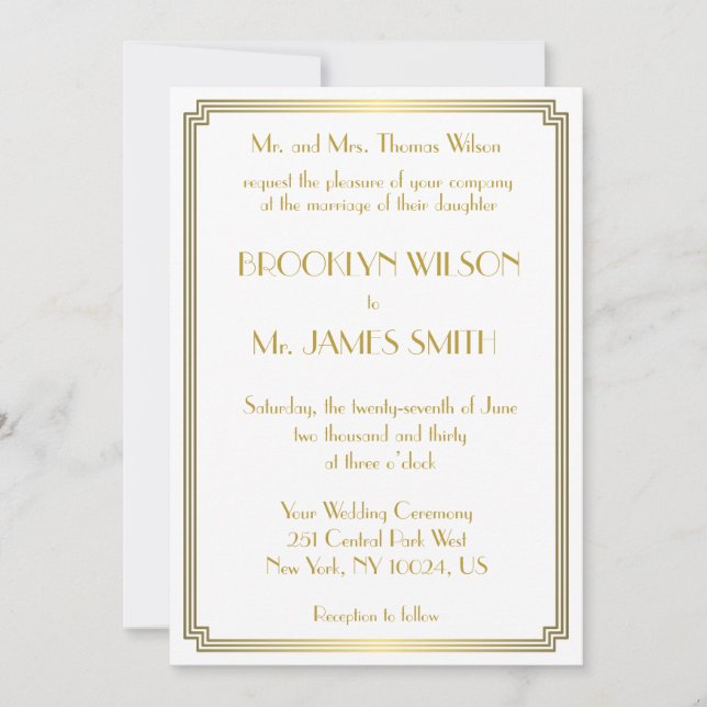 Invitation Great Gatsby Art Déco White Gold Wedding Invite (Devant)
