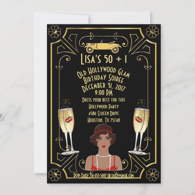 Invitation Great Gatsby Black Flapper Girl Hollywood Invitati (Devant)