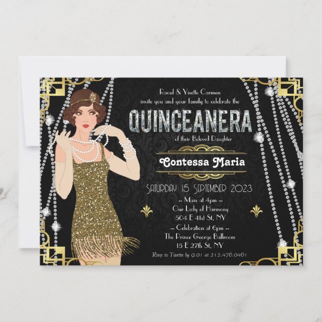Invitation Great Gatsby Flapper Girl Quinceanera  (Devant)