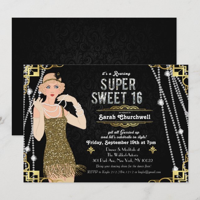 Invitation Great Gatsby Flapper Sweet 16 Anniversaire Invitat (Devant / Derrière)