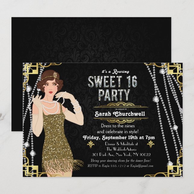 Invitation Great Gatsby Flapper Sweet 16 Anniversaire Invitat (Devant / Derrière)