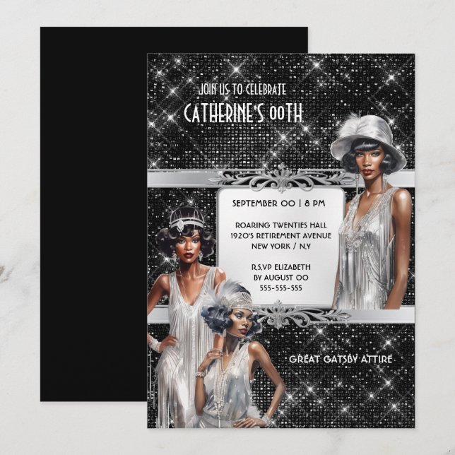 Invitation Great Gatsby glam Flapper filles argent noir (Devant / Derrière)