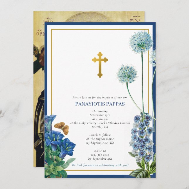 Invitation Grec Orthodoxe Baptême Baptême Garçon Bleu Floral (Devant / Derrière)
