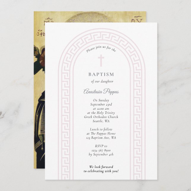 Invitation Grec Orthodoxe baptême Baptême rose Clé grecque (Devant / Derrière)