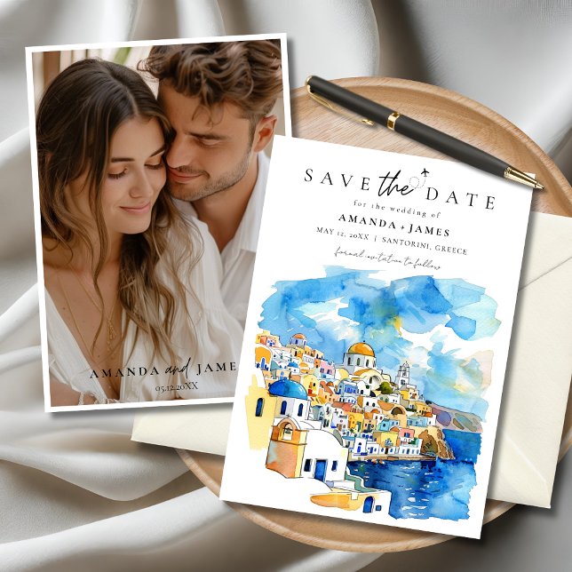 Invitation Grèce Destination Mariage Photo Enregistrer la dat (Elegant Santorini wedding save the date card with custom couple photo and watercolor illustration)