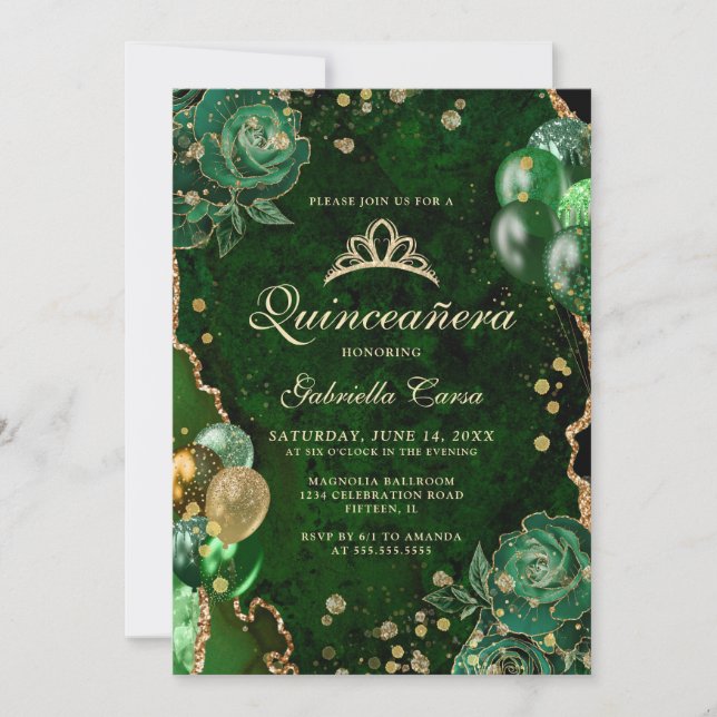 Invitation Gree Gold Floral Agate Photo Quinceanera (Devant)