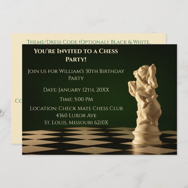 Invitation Green 30th Birthday Party Chess Chevalier (Devant / Derrière)