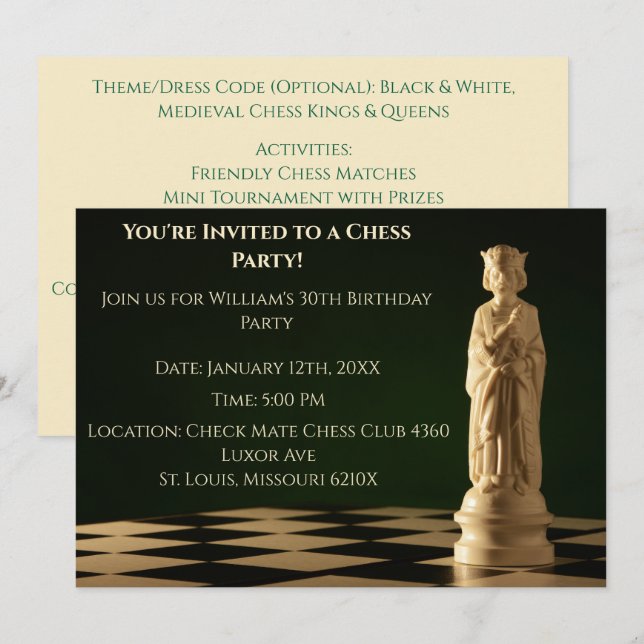Invitation Green 30th Birthday Party Chess King (Devant / Derrière)