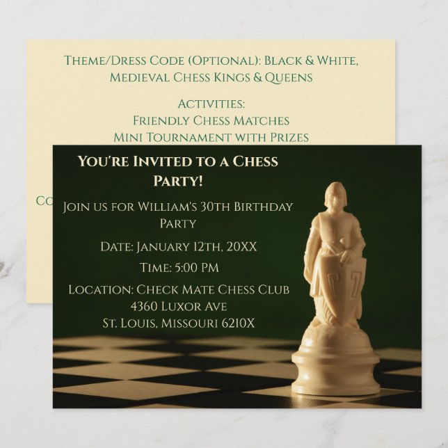 Invitation Green 30th Birthday Party Chess Pawn (Devant / Derrière)